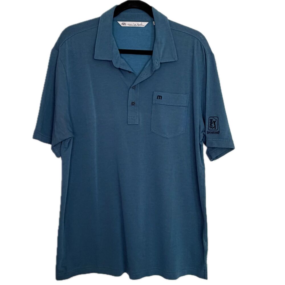 TPC Sugarloaf Travis Mathew Men's Large Blue Polo Golf Shirt Pima Cotton